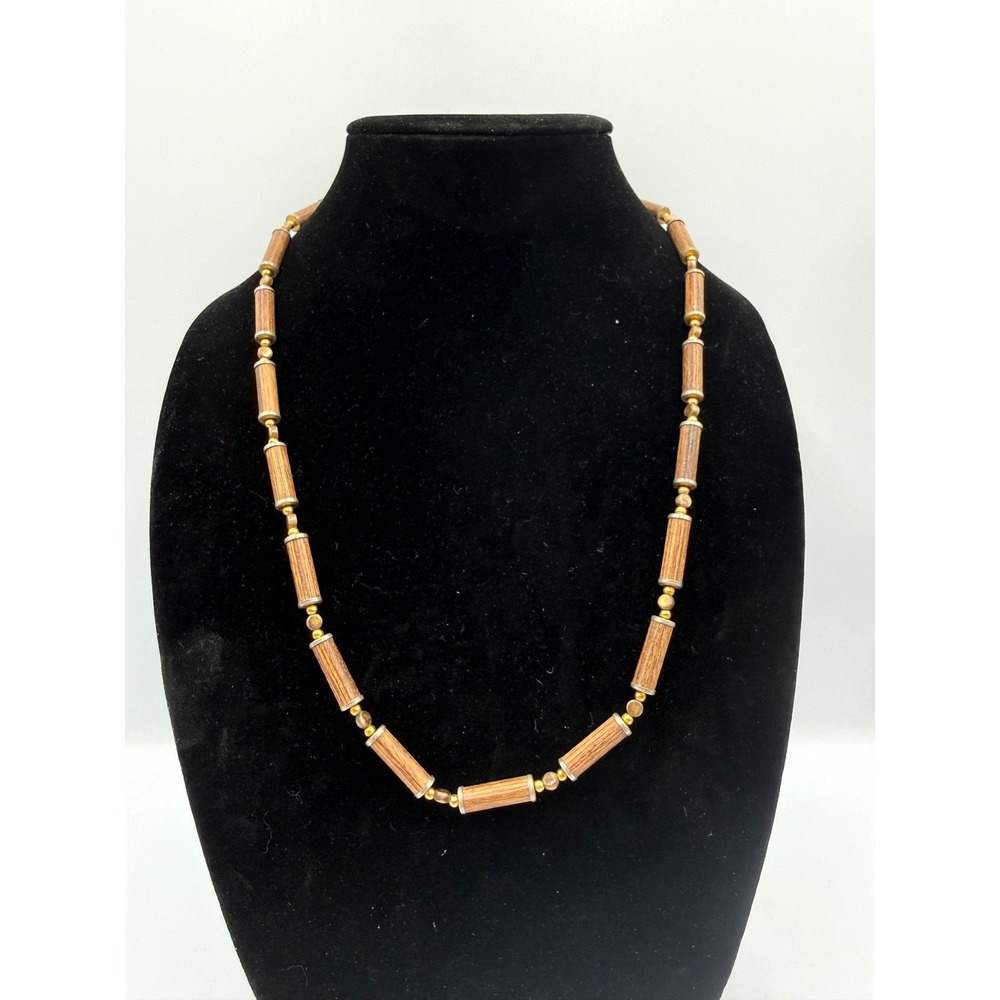 Vintage Trifari Wood Tube Bead Necklace Gold Tone Mixed Metal Earthy Boho 22"